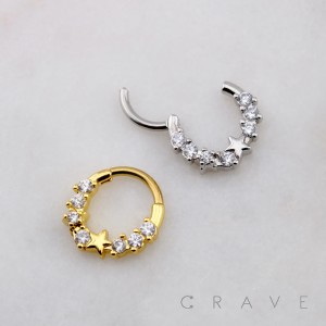 MULTI CLUSTER CZ STAR CENTER SEPTUM HINGED SEGMENT HOOP RING 316L SURGICAL STEEL 